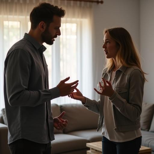 Heated discussion between a modern couple. The woman is gesturing expressively. The man looks overwhelmed. The setting is a contemporary living room. Body language suggests disagreement but is non-aggressive. The scene is relatable, showcasing natural lighting and authentic emotions.