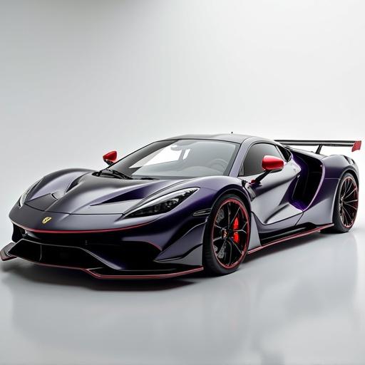 Capture an exotic supercar with aggressive styling. The paint finish should be high-end. Showcase the car designed for performance and luxury. The setting should be a well-lit studio.