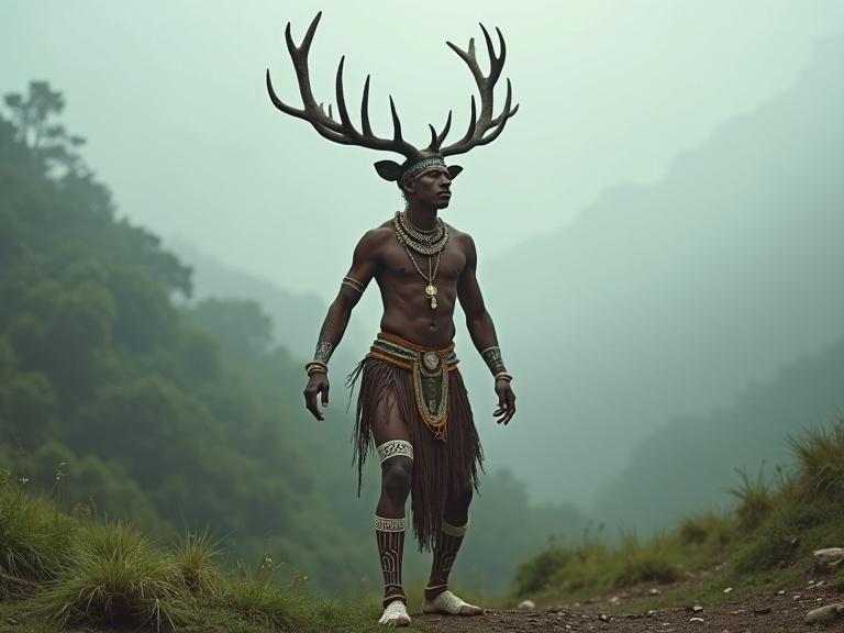 A male Maya dancer with deer antlers. Features delicate paint on legs resembling deer limbs. Misty forest or mountain background. Soft grounded posture reflecting Maya spiritual context.