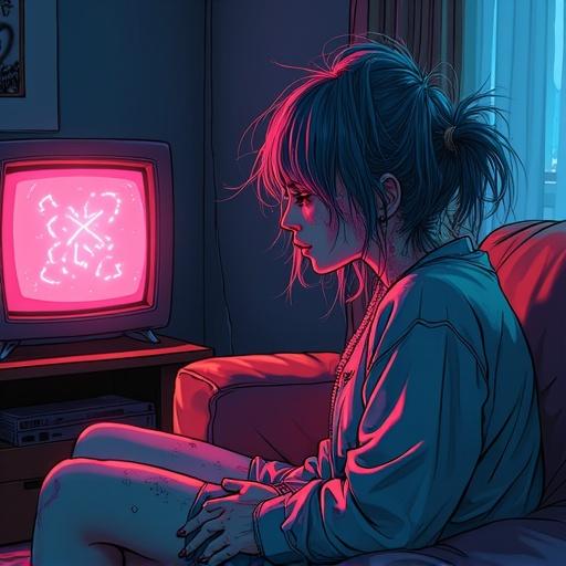 Illustration of a character inspired by Hatsune Miku in her thirties. Depicted as a burnout, disillusioned punk, stoner. Sitting on a couch in a dim room. Gazing vacantly at an unseen TV. Light from the TV projects soft colors around her. Face shows Cheeto dust, hair is messily creased as if she slept on it.