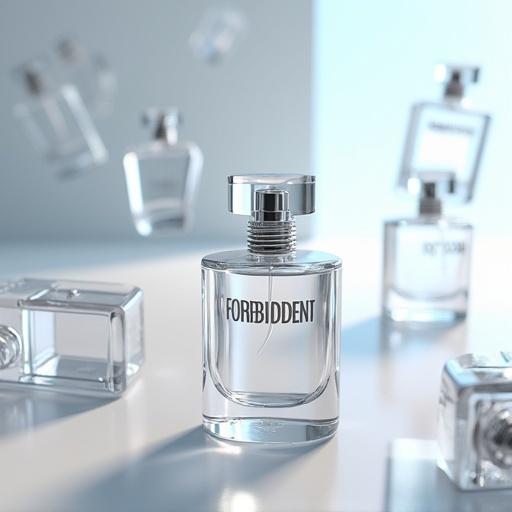 Surreal 3D scene with many identical glass perfume bottles. Each has a clear glass 'Forbidden' sign. Bottles and signs float in the air. Creates a dreamy and weightless look. Mood is clean, modern, and mysterious. Soft lighting highlights glass textures.