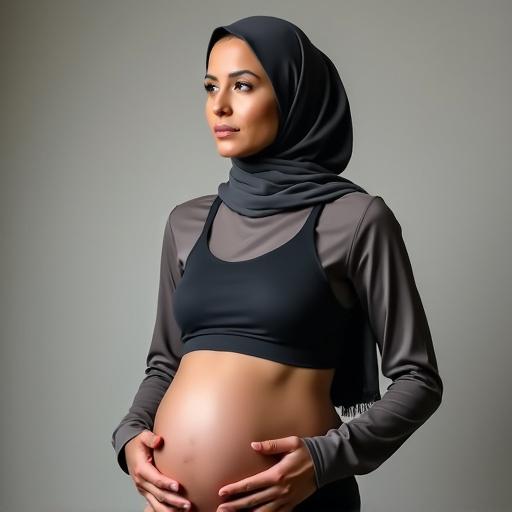 45 years old pregnant woman wearing hijab and sports bra. She is posed with hands on her belly, looking confident and serene.