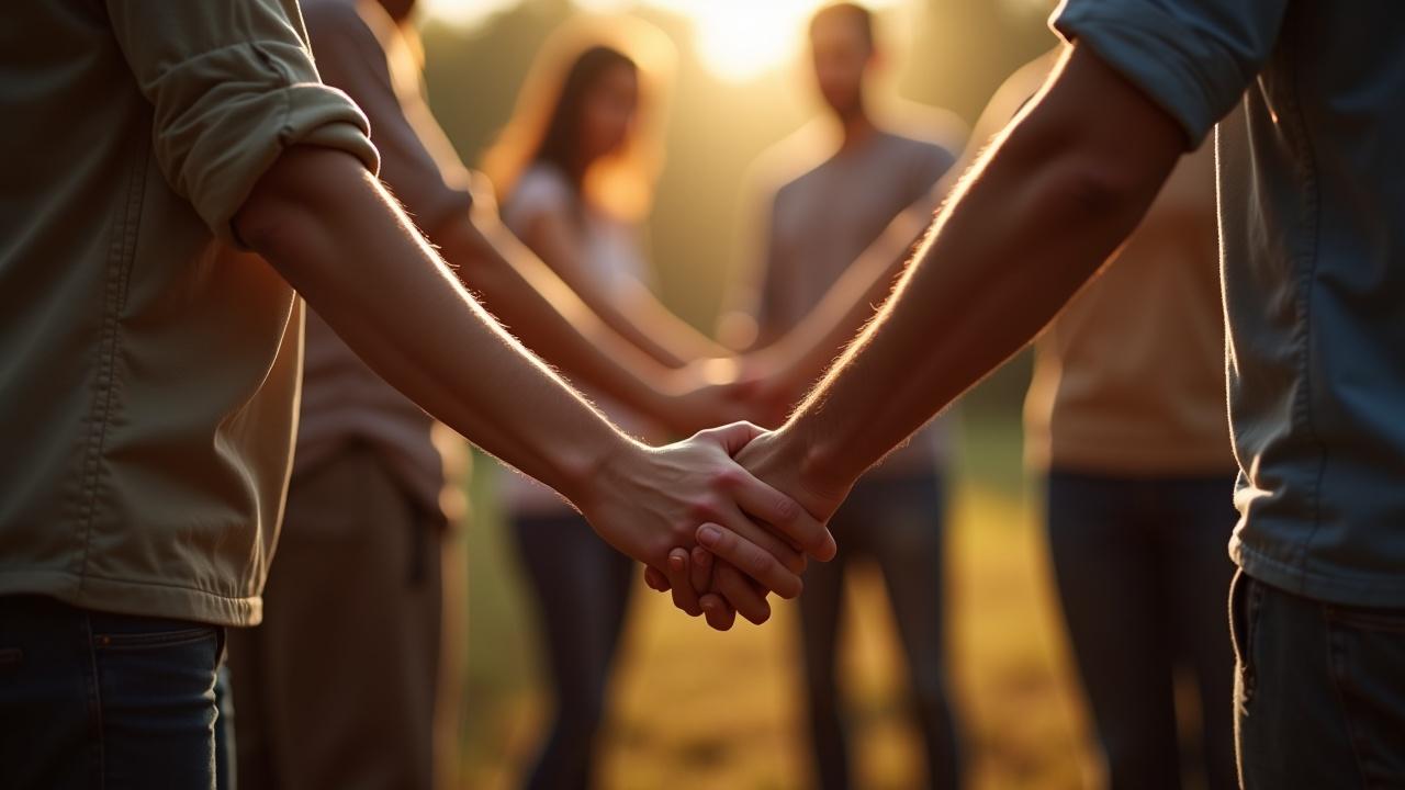 A group of diverse people holding hands in a circle during a sunset in a field, symbolizing unity and togetherness.