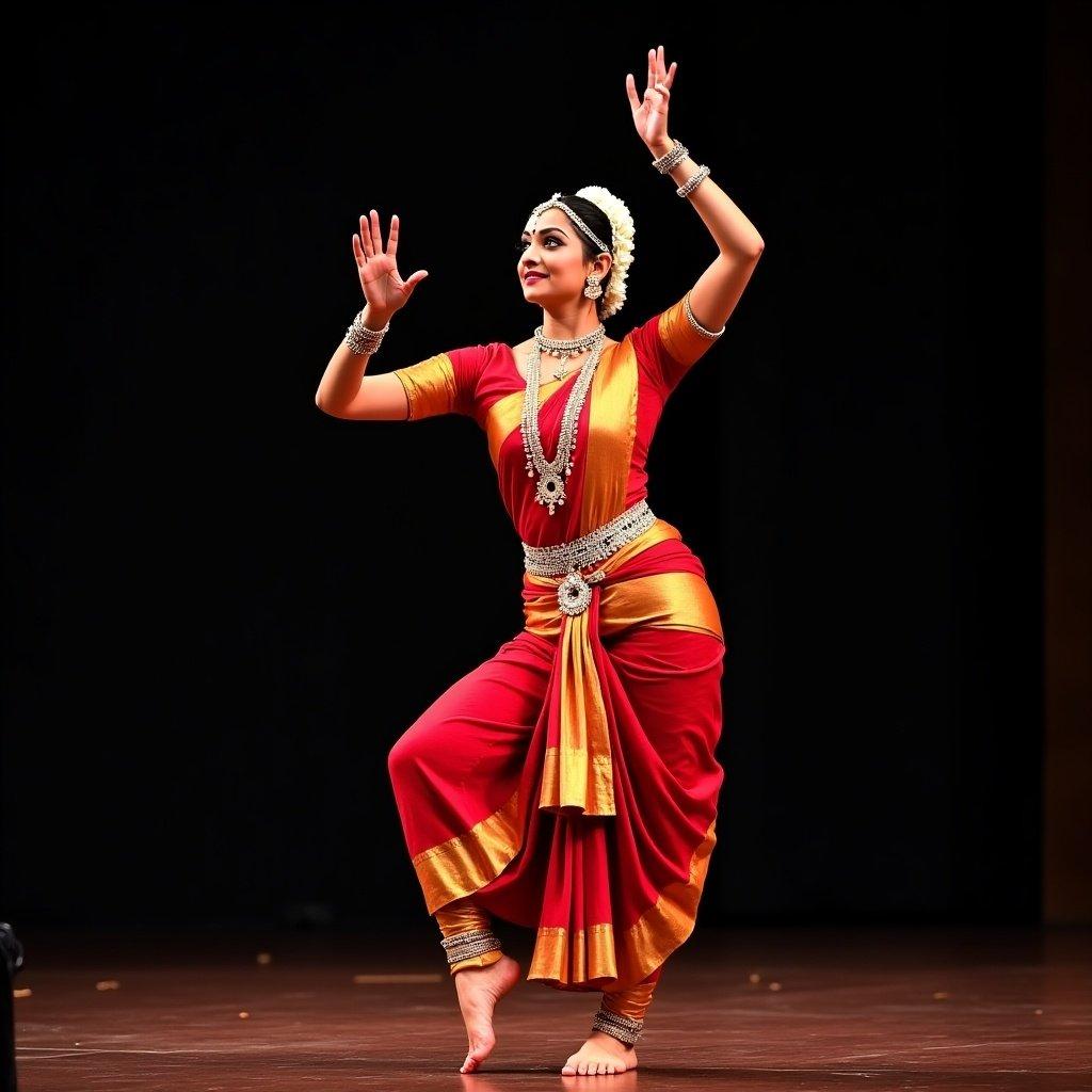 A bharatnatyam dancer in traditional attire performing on stage.