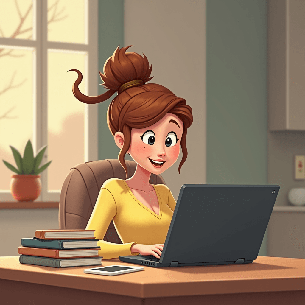 A cheerful woman with a laptop in a cozy, light-filled workspace.