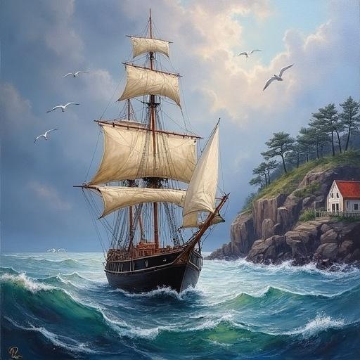 Impressionist style marine painting featuring old sailing ship with billowed sails. Rough sea with energetic brushstrokes. Stormy sky with blue and grey hues. Rugged coastline with cottages and maritime pines. Seagulls flying. Canvas texture adds depth. Artist signature visible in corner.