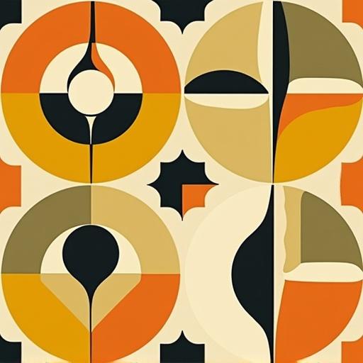 Seamless pattern featuring geometric shapes inspired by mid-century modern design. Utilize bold colors like ochre yellow, burnt orange, olive green, and black. Establish a transparent background with a repeating layout that exhibits perfect symmetry and retro style.