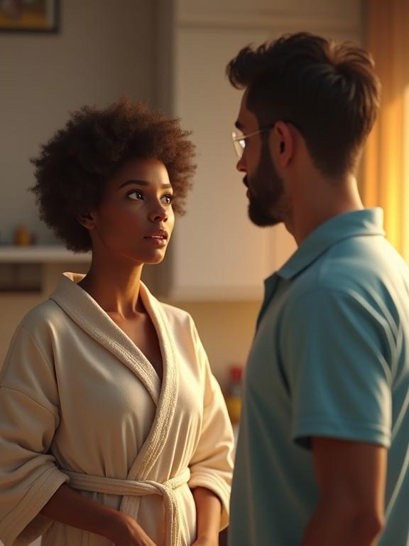 Cinematic scene with two figures in a kitchen. A woman in a robe and a man in a blue shirt facing each other. Soft shadows and warm lighting enhance their expressions. Coffee steam rises between them, portraying a moment of connection.