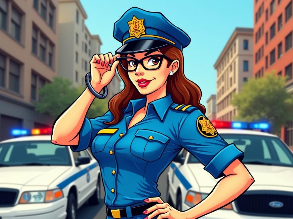 The image shows a stylized cartoon of a police officer standing confidently in front of a cityscape. She is wearing a blue police uniform that appears quite stylized and fitted, with a prominent police cap. She is holding up a pair of handcuffs in her hand and adjusting her glasses with the other. Several police cars are visible behind her on a city street, and tall buildings rise in the background. The image has a vivid and colorful style, suggestive of comic book art.