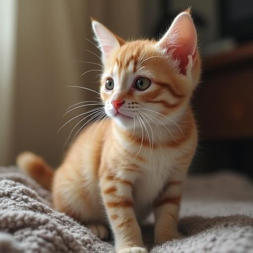 A close-up view of an adorable orange tabby kitten on a soft grey blanket. The kitten has distinctive stripes and large expressive eyes, looking curiously to the side. The background is softly blurred, emphasizing the cat's features and warm fur.