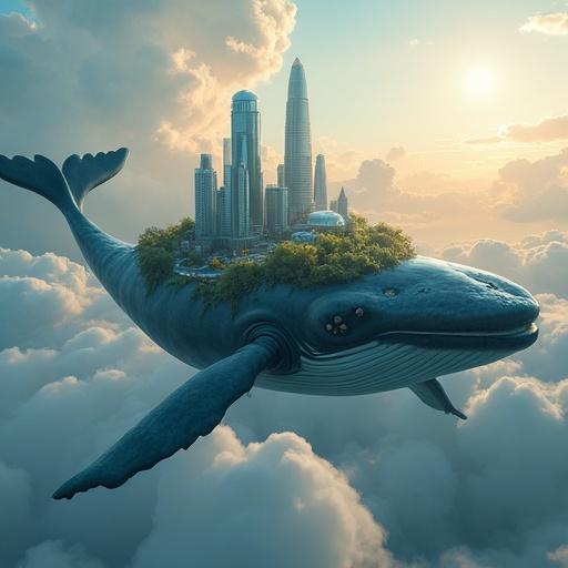 Photorealistic giant whale soaring through the blue sky. Futuristic cityscape on its back, featuring tall skyscrapers, parks, and glass domes. Warm lighting from windows highlights the clouds, creating a magical atmosphere.