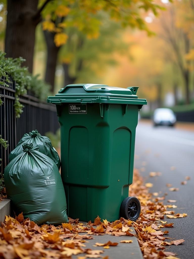 Green garbage bin beside trash bags on an autumn street. Fallen leaves surround the bin. Soft lighting highlights the scene. Street at twilight with cars in distance