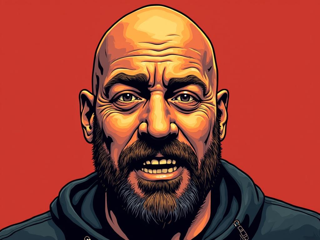 Transform the image into the style of The Joe Rogan Experience podcast logo. Use bold red and orange tones to create a vibrant, eye-catching effect. Apply exaggerated cartoonish details and ensure high contrast throughout the image. Incorporate thick black outlines to emphasize shapes and features. Maintain an intense, slightly exaggerated facial expression and add a psychedelic or surreal edge to the overall composition. While keeping the likeness, enhance the features to reflect the distinct stylized aesthetic characteristic of the podcast logo.