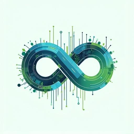 A modern logo representing a tech company. Design features a stylized circuit board and an infinity symbol. Incorporates abstract technology patterns and organic floral touches. Color scheme is a gradient of blue and green. Emphasizes innovation and growth.