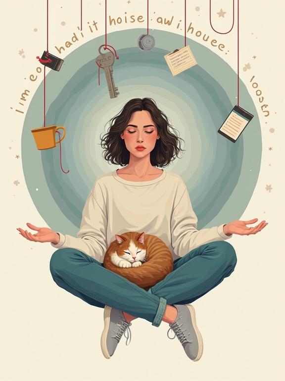 A young woman meditates in lotus position. She is floating with a cat on her lap. Her expression shows calmness with hints of tension. Background has muted cool tones with circular graphics. Red strings connect fragile objects above her. Typography reads: I'm holding it together. Loosely.