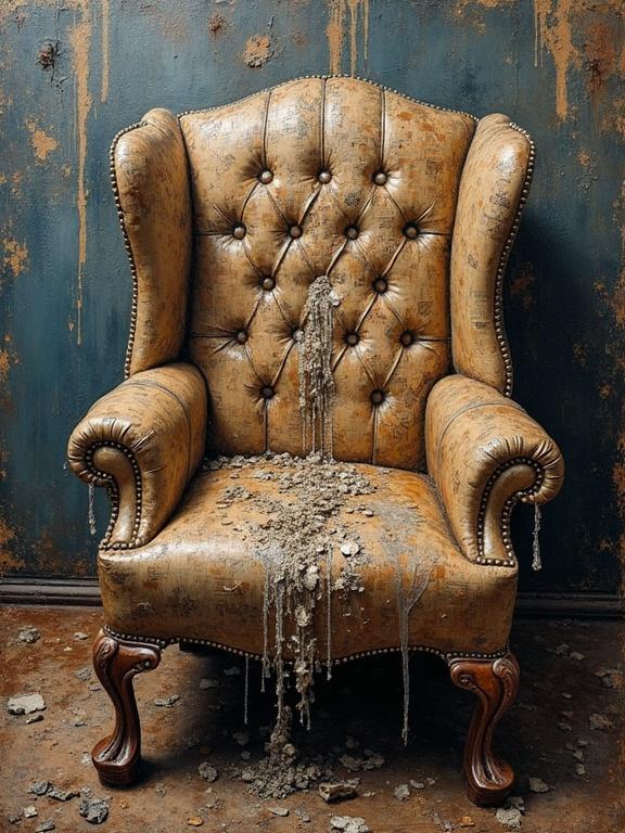 A vintage armchair covered in textured layers of diverse materials. Mud and dirt create a striking contrast against dark, peeling walls. Detailed representation of wear, age, and artistic depth.