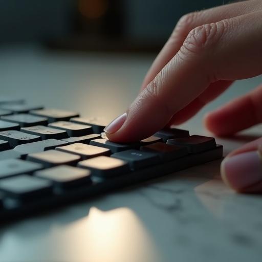 Hyper-realistic close-up of a keyboard on a desk surface. A well-groomed hand gently presses a key. Macro focus shows texture of keycap. Soft, directional lighting creates highlights and shadows. Background is out of focus with shallow depth of field.