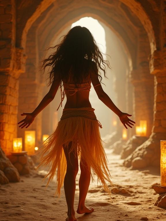 A mysterious tribal girl with outstretched hands dances in an alien temple. Glowing lanterns orbit around her. Ancient murals adorn the curved walls. Her expression is serene, and shadows dance differently from her. The setting creates a magical atmosphere.