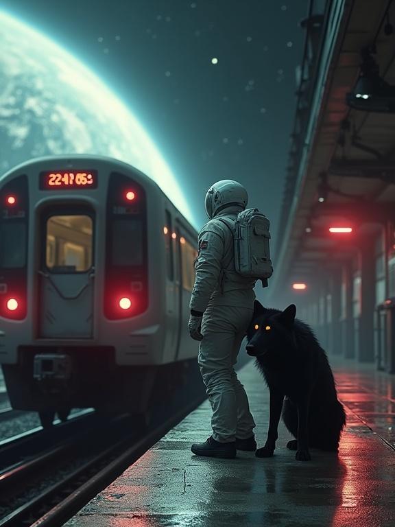 Surreal cinematic sci-fi scene at a dimly lit futuristic train platform in space. An astronaut in a worn white space suit stands at the platform’s edge. A majestic black wolf with glowing amber eyes leans against the astronaut. A silver subway train marked with the year 2095 departs, illuminated by red tail lights. Earth glows softly in the backdrop with a sun flare casting an ethereal light over the scene. Deep shadows enhance the melancholic atmosphere.