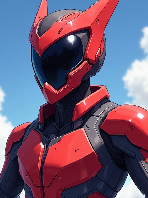 Sleek power suit design in sci-fi setting with angular helmet. Illustrative style reminiscent of anime.
