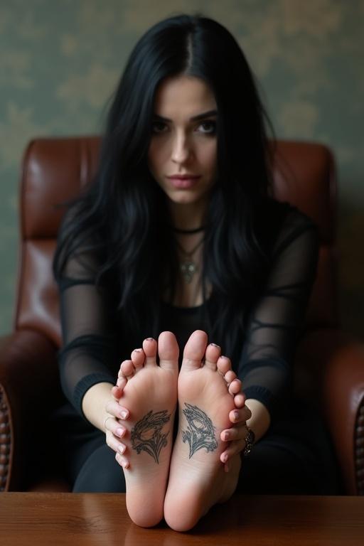 Mature goth woman shows tattooed soles of her bare feet. She sits on a chair with feet on coffee table. Long black hair flows down. Dark attire adds to the goth aesthetic. Setting suggests comfort and style.