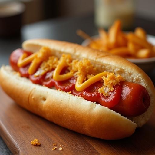 A closeup shot of a taiwan MC Hotdog. The hotdog sits in a bun topped with ketchup and mustard. There are crispy fries in the background.
