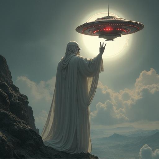 A white satan figure with shiny red eyes stands with his hand raised above a saucer-shaped UFO.