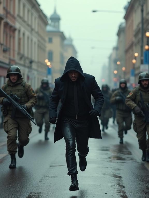 Photorealistic image of an unarmed assassin running through modern-day Moscow being chased by armed soldiers in a dramatic street scene