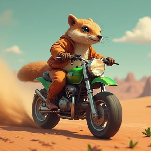 Squirrel riding a motorcycle in a Martian landscape. The scene is playful and adventurous. The squirrel wears a cozy outfit and has a delighted expression. The motorcycle is vibrant green, and the background features dusty Martian terrain.