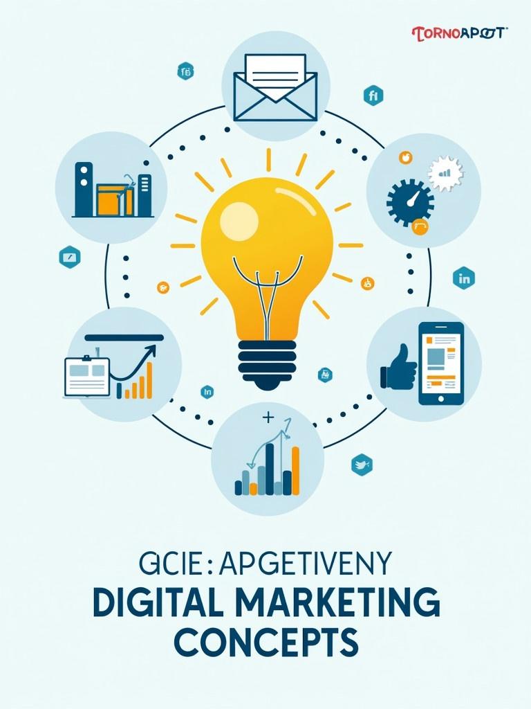 Infographic showcasing digital marketing concepts featuring a light bulb for ideas with surrounding icons. Icons represent social media, email communication, and analytical tools. Focus on contemporary strategies for enhancing brand growth and viewer engagement.