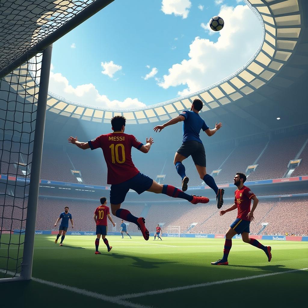 Dynamic corner kick moment with Messi attempting a bicycle kick. Soccer players watch as the ball approaches. Stadium crowd is filled with excitement and anticipation. Players are in motion frozen in a critical moment.