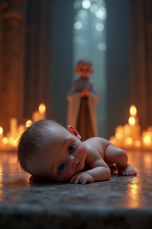 Highly stylized cartoon scene in Pixar-style 3D animated CGI universe. Close-up shot inside a sacred chapel reveals a newborn lying on a marble altar. Infant has pale skin, rounded cheeks, large obsidian-black eyes, sealed lips, relaxed limbs. Priest in blurred background with gaunt face, sunken blue eyes, and ceremonial robe. Dozens of candles flicker; outside, enchanted forest glows dimly. Air feels heavy; silence is unnerving. Cinematic dramatic ambiance with ultra-HD texturing.