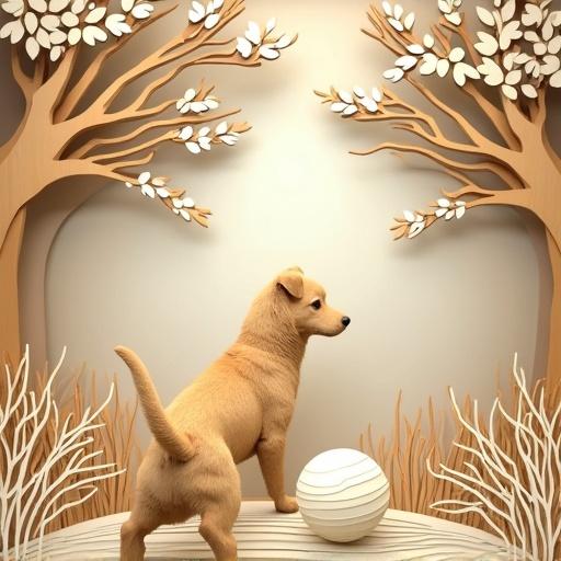 Layered design for laser cutting featuring a dog playing with a ball in a park setting. Include trees and birds in the scene.