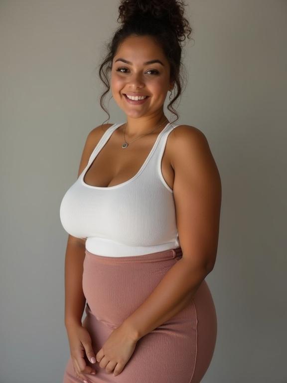 Portrait of a smiling woman with curves wearing a white tank top and a peach skirt. She has an hourglass figure and a natural hairstyle. The background is soft and neutral.