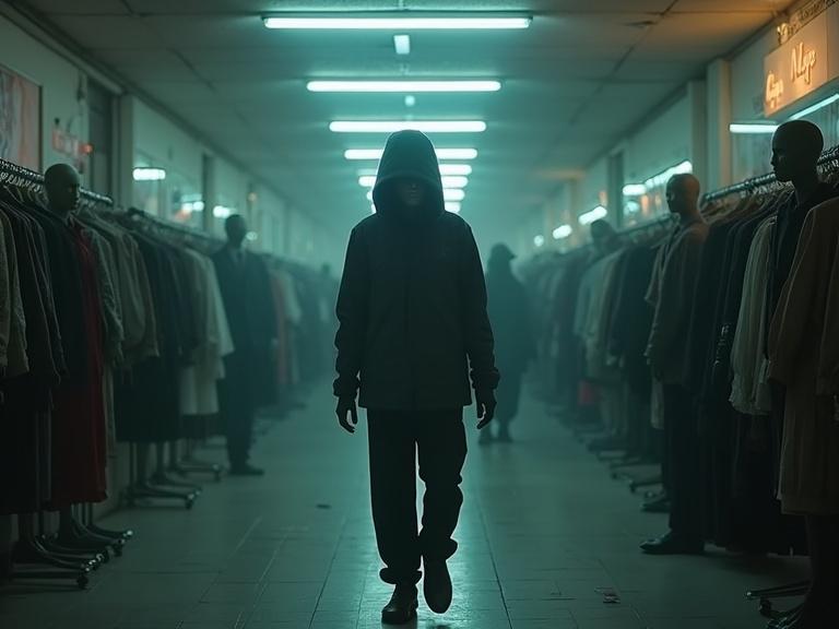 A dimly lit corridor in a shopping mall. Mannequins line the sides. A hooded figure stands in the foreground. An eerie atmosphere envelops the scene with neon lights casting a glow. Tension builds as the figure walks toward the viewer.