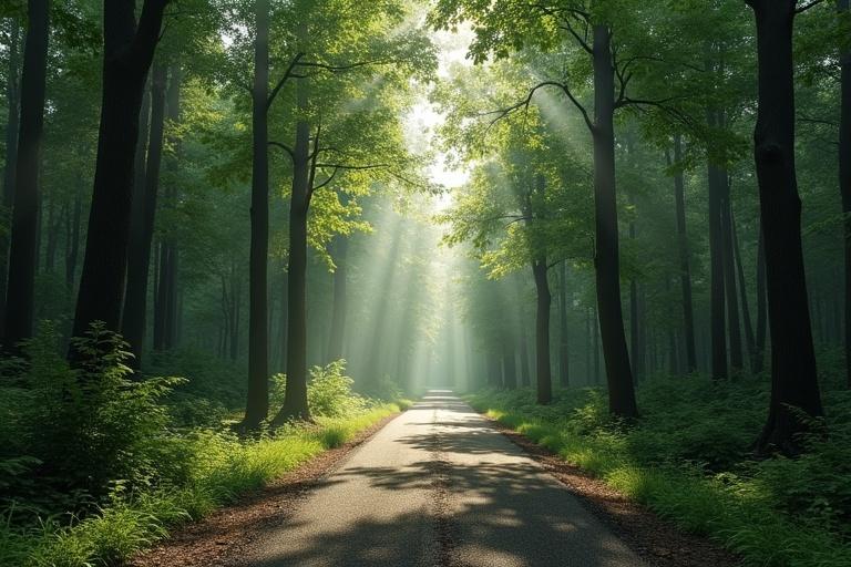 Photo realistic image of a forest road surrounded by tall trees under soft sunlight