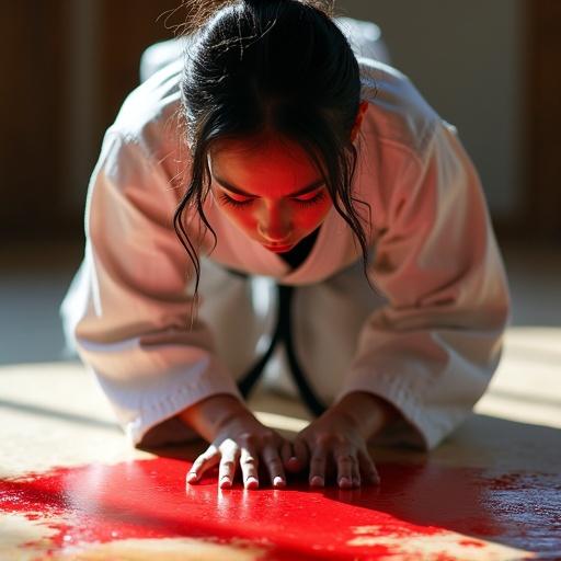 Close up of a kneeling female karate fighter. Upper body leans forward. Elbows touch the floor. She looks down to spots of fresh red paint on the floor. Black hair clings to damp skin. She wears a karate gi. Sunlight reflects on dojo floor.