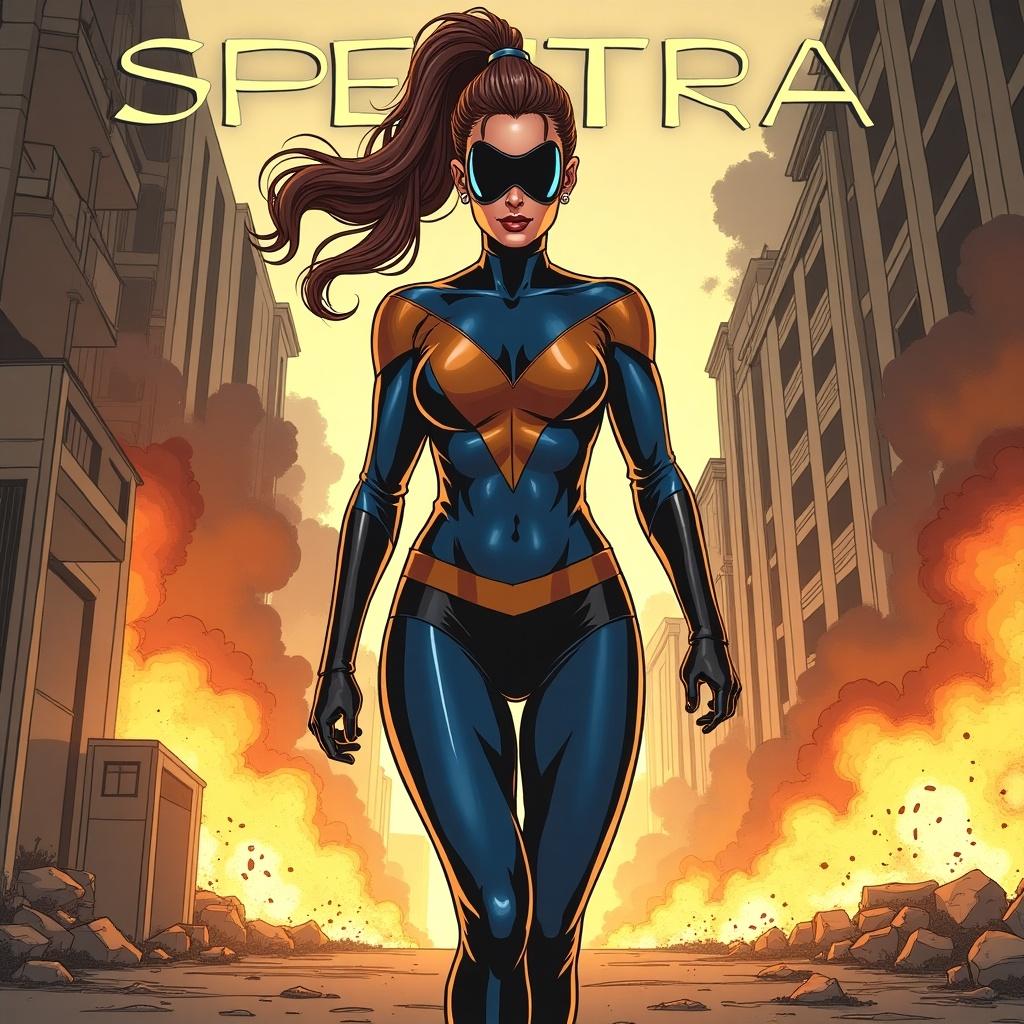 A comic book cover featuring a beautiful female superhero. She has brown hair in a ponytail, wearing a blue and brown superhero suit. The superhero is barefoot and stands confidently amid burning buildings and explosions. The title 'Spectra' is prominently displayed above her.