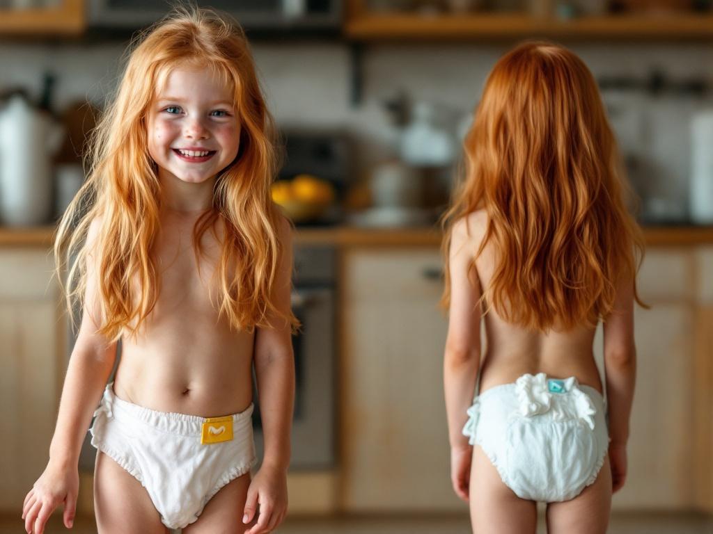 A girl with long ginger hair is wearing pampers diapers. The image shows both the front and back views of the child in a kitchen setting. She is smiling and has many freckles.