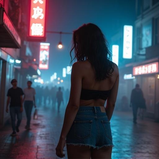 Urban scene at night featuring a girl in a denim skirt. Neon lights illuminate surroundings. Mist adds atmosphere. Pedestrians stroll in the background. Cinematic aesthetic with surreal colors. Evokes a sense of urban loneliness.