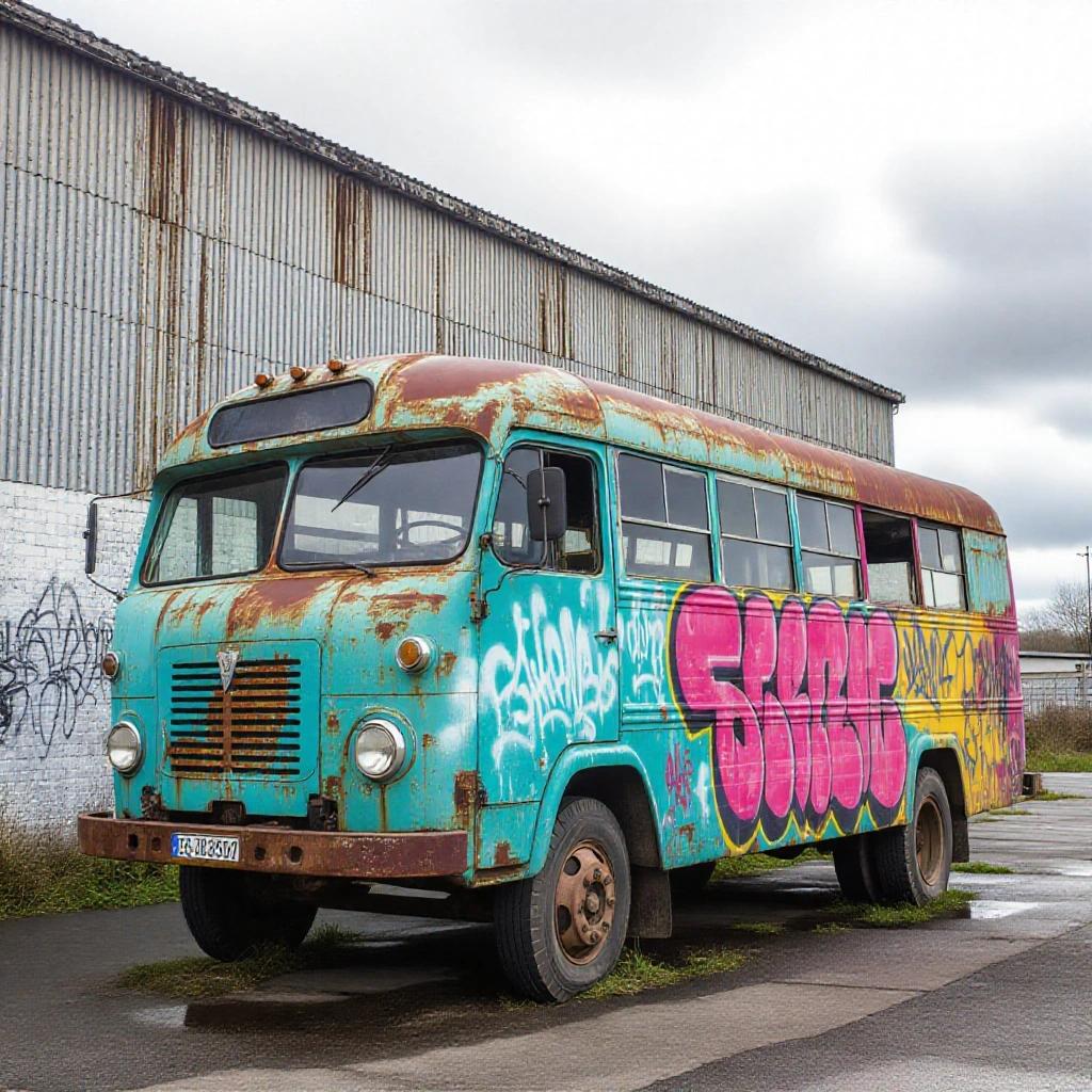 Image of an old rust-covered bus painted blue with graffiti. The bus is parked against a warehouse. Clouds are in the sky.