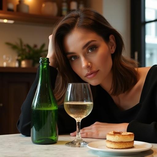 A green wine bottle on a marble counter in a warm dimly lit cafe. A small half-eaten dessert sits nearby. A beautiful woman with shoulder-length glossy brown hair rests her head on the table with a wine glass in front of her. She wears a modern outfit and has almond-shaped eyes.