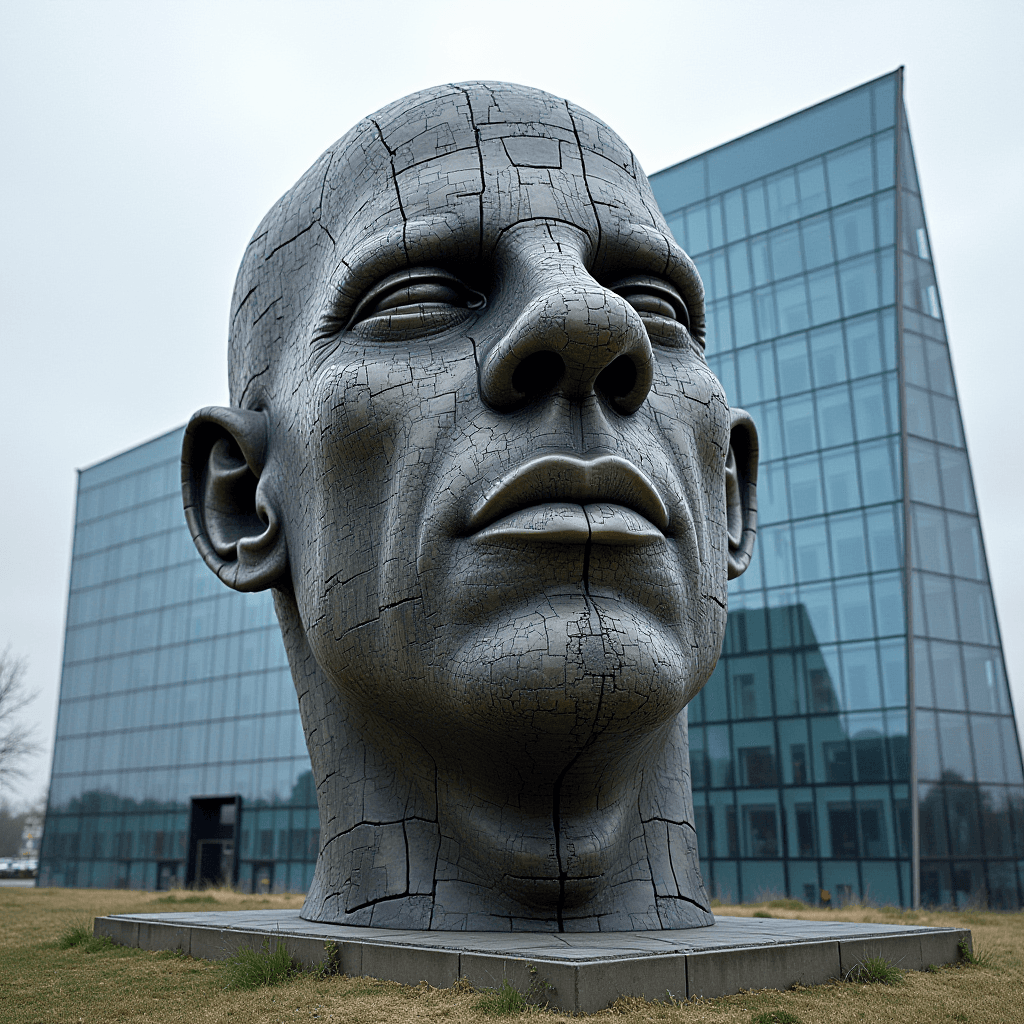 The image depicts a large, striking sculpture of a human head situated outdoors, with a modern glass building in the background. The sculpture is characterized by its cracked surface texture, emphasizing an artistic, weathered look. The head displays fine details, showcasing pronounced features like deep-set eyes, defined lips, and ears. The sculpture, placed on a concrete base, towers above relatively flat, grassy land. The building, with its reflective glass surface, contrasts the antiquarian style of the sculpture with its contemporary architecture. The overall atmosphere is overcast, indicated by a grey sky.