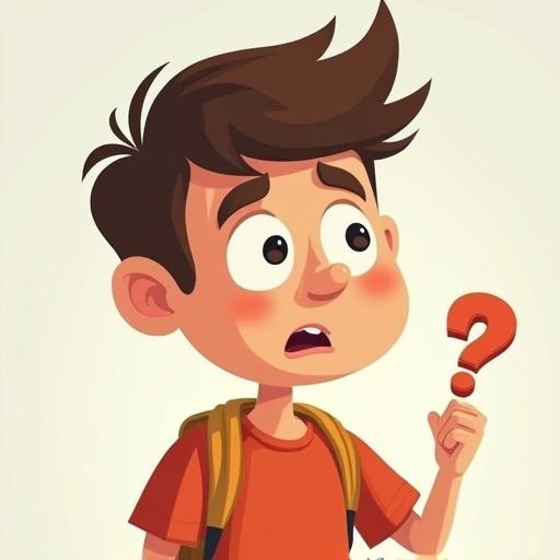 Cartoon style image features a boy with a questioning expression. He has brown hair and an orange t-shirt. A question mark is present. His appearance reflects doubt. Background is simple to focus on the character.