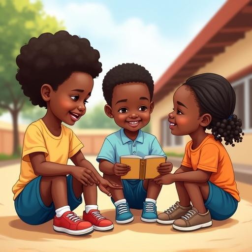 Illustration of Nigerian children interacting in a school setting. One child ties shoelaces for another. A pair shares a book while laughing. A third child comforts a sad peer. All express kindness. Background shows a bright classroom or school compound.