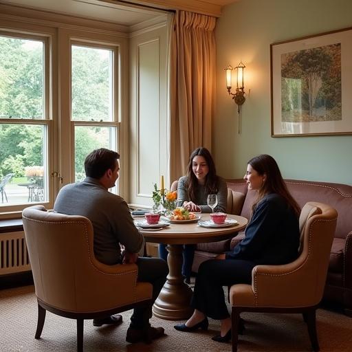 Dining room with a sofa and round table. Three people are seated around the table enjoying food and drinks. Natural light brightens the room.