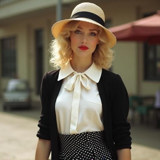 Vintage photo of a woman in 1950s style outfit featuring a white blouse with a bow black cardigan and high-waisted polka dot skirt. Woman has curly blonde hair red lipstick and straw hat with black ribbon. Soft natural lighting in outdoor setting.