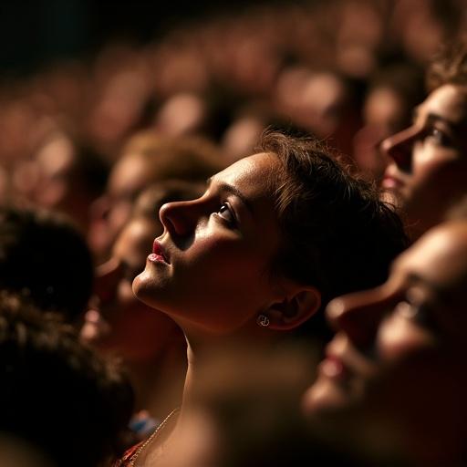 Close-up view of a crowd turning their heads toward the back of an arena with eyes wide open. Their mouths slightly agape. Tension-filled expressions frozen in silence.