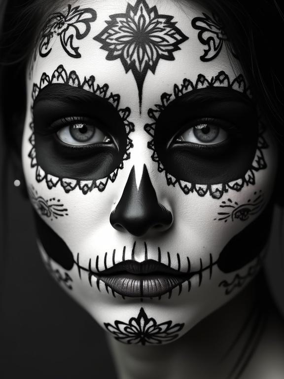 Highly detailed image of a woman's face with traditional Mexican death makeup featuring intricate black and white designs. Floral motifs decorate the makeup alongside delicate line work and skull elements. The expression is serene with subtle highlights on the eyes. Realistic lighting enhances skin texture and makeup artistry.