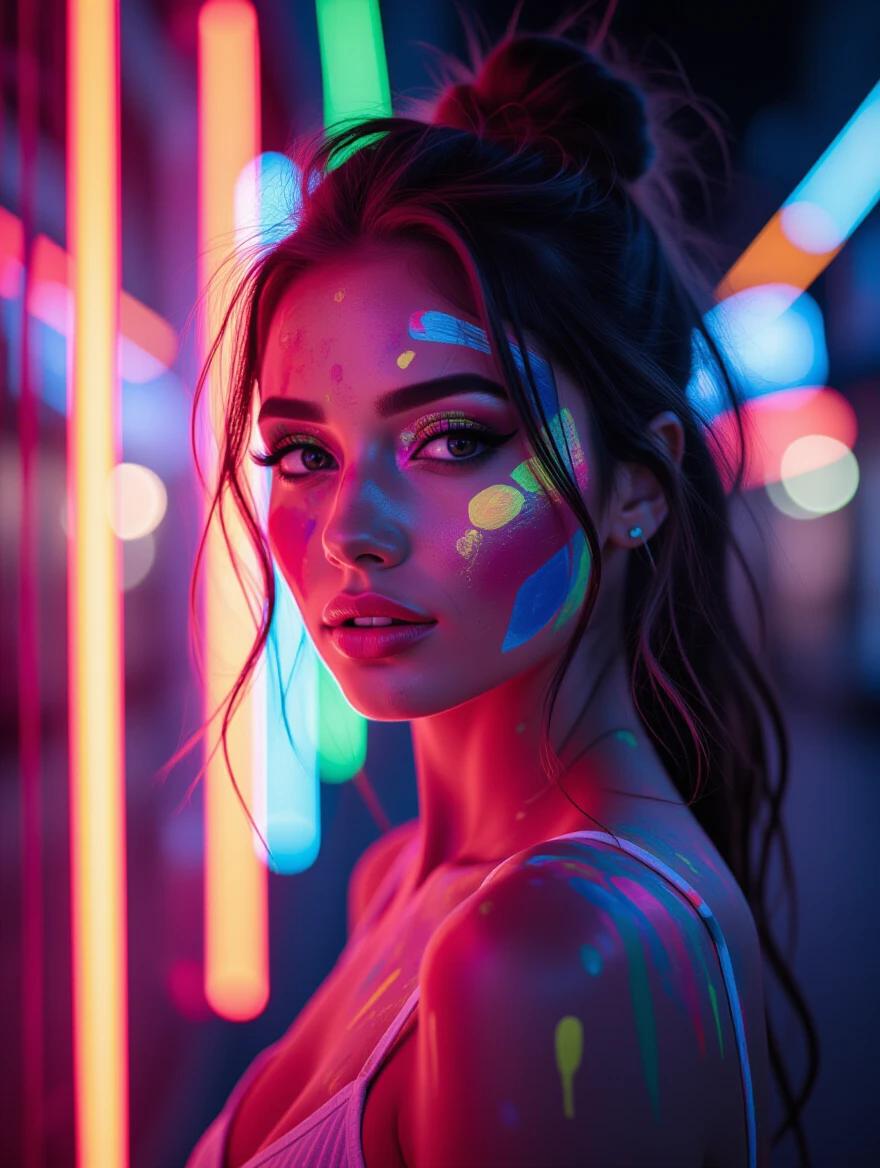 Portrait of a woman with colorful paint on her face and body. Neon lights create a vivid background. The woman looks directly at the camera. The scene is lively and artistic.